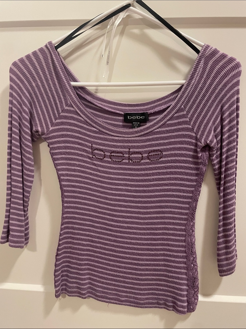 bebe Lavender Striped Boatneck Long Sleeve Top